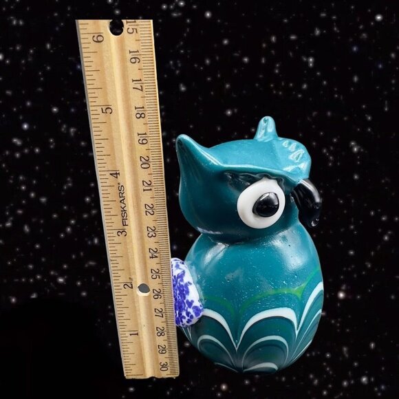 Art Glass Owl Figurine Paperweight Pulled Feather Glass Cased Bird Blue Fritz - Picture 7 of 14